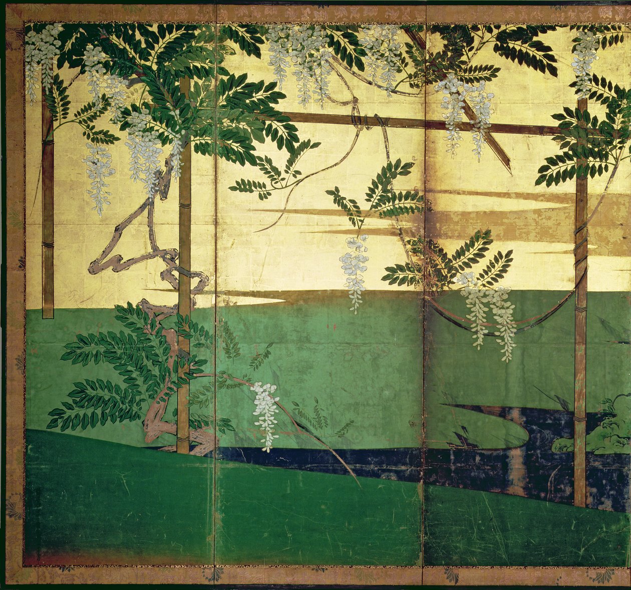 Wisteria i blomst (penn og blekk, farge, gullpapir på panel) (se 216564) av Hasegawa Soen