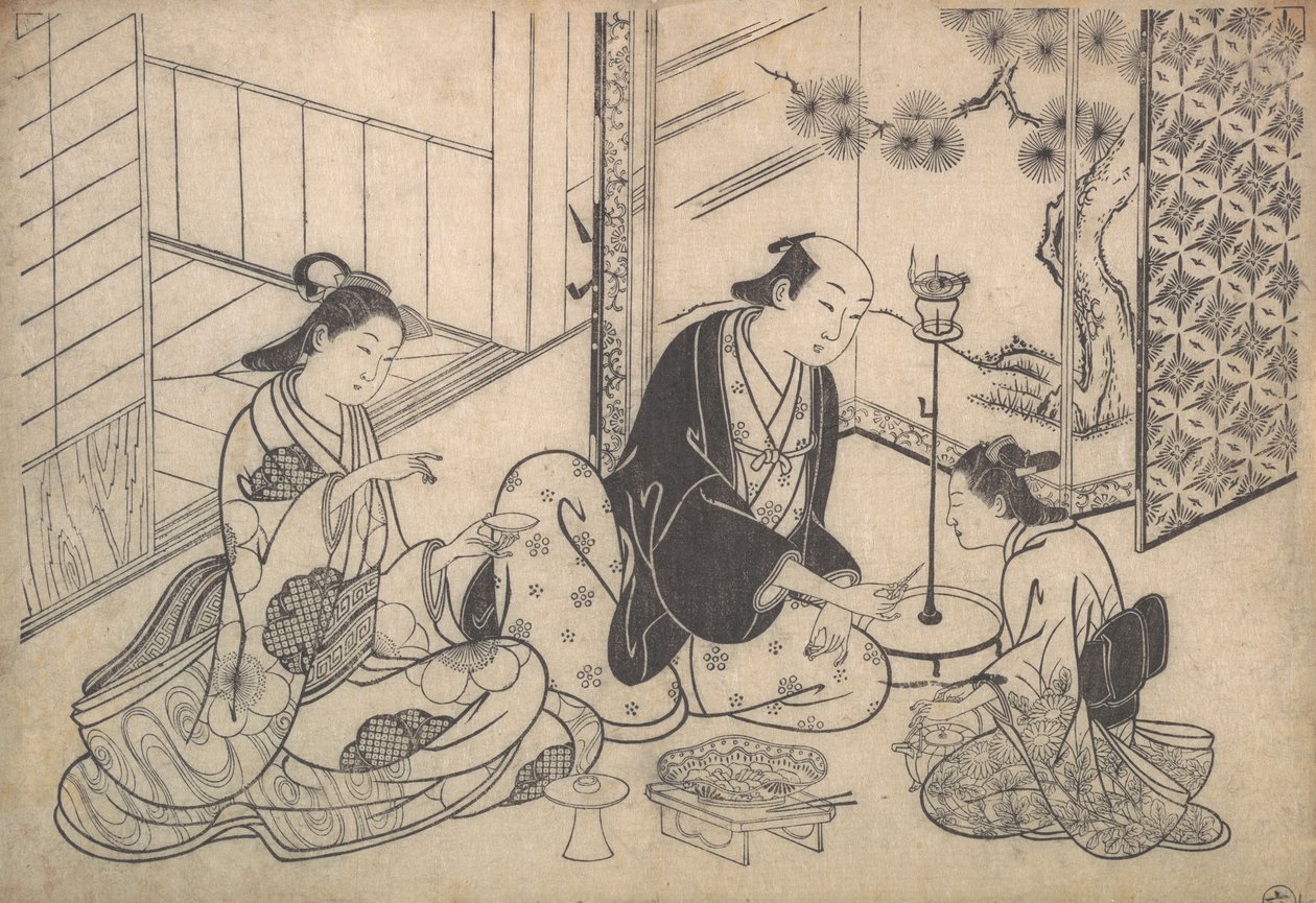 Interiør, tre figurer: Sake Party, ca. 1730. av Hasegawa Mitsunobu