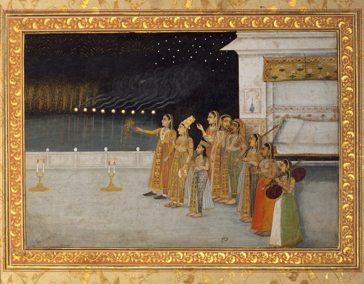 Ladies of the Imperial Harem feirer natten til Shab-i Bara, 1725-50 (ugjennomsiktig wc og gull på papir) av Hashim