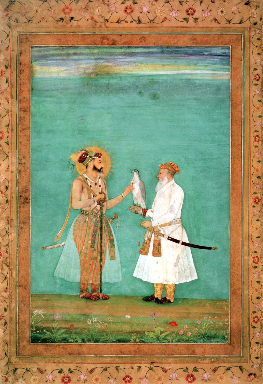 Keiser Shah Jahan og en eldre hoffmann med en falk, ca. 1650 av Hashim Hashim