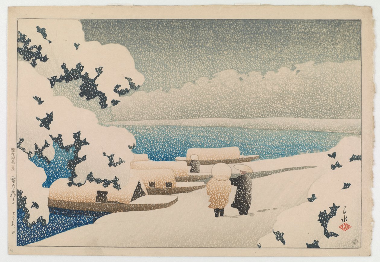 Snø på Hashidate (Yuki no hashidate), fra serien Souvenirs of Travel II (Tabi miyage dai nishū) av Hasui Kawase