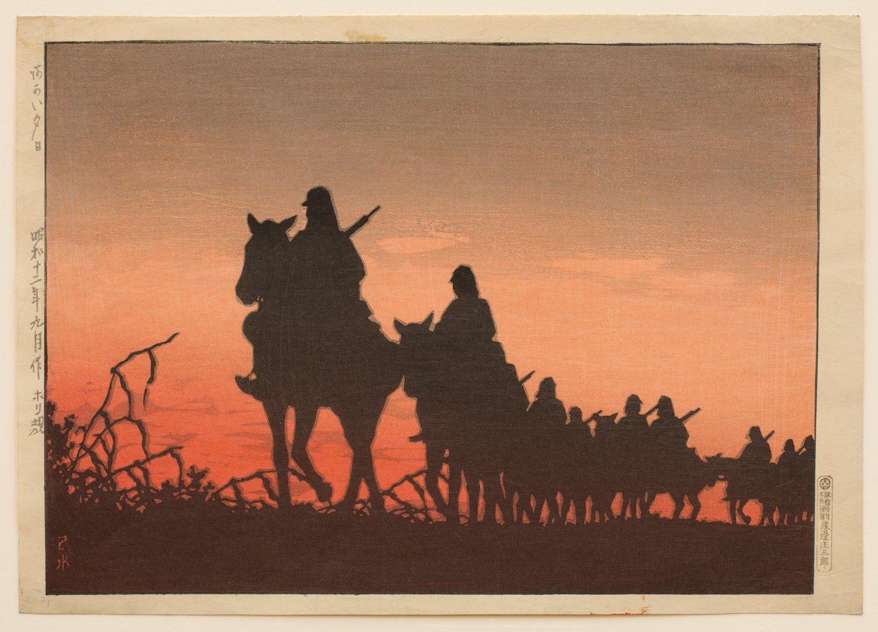 Den røde solnedgangen av Hasui Kawase