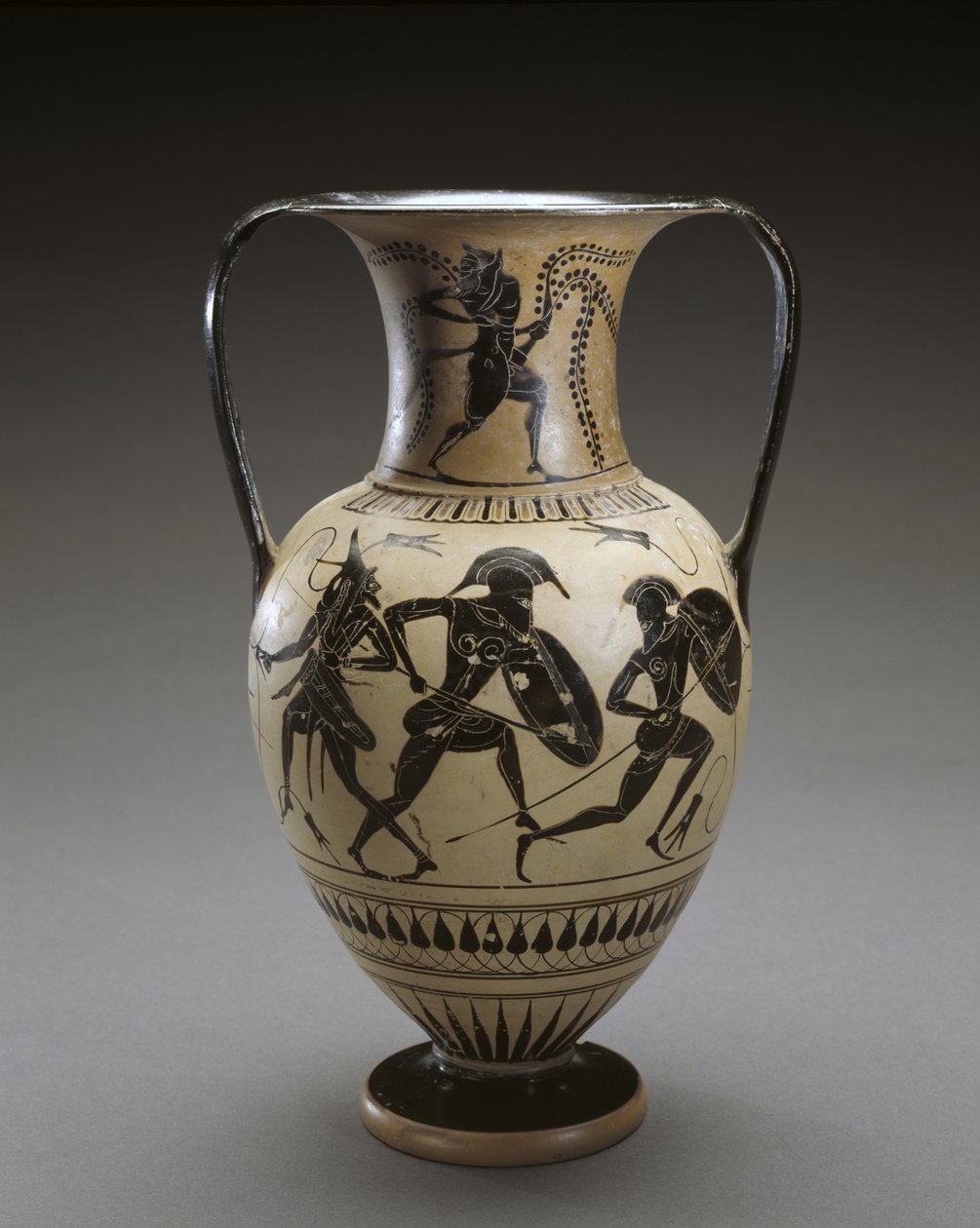 Amfora med svart figur med scene fra Iliaden, 540–520 f.Kr. (terrakotta og slip) av Hattatt Painter (attr. to)