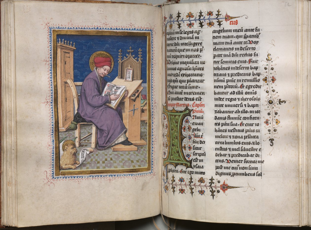 Evangeliebok med evangelistportretter: Dekorert initial av Hausbuch Master