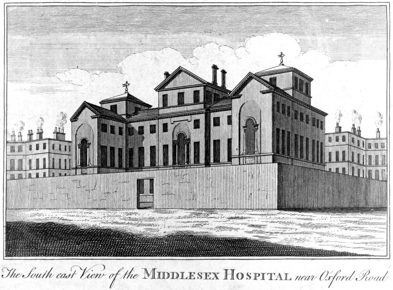 South East View of Middlesex Hospital, 1745 av Haynes King