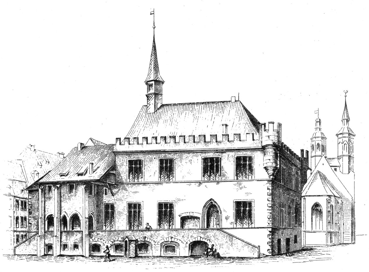 Gammelt rådhus i Göttingen, Sør-Niedersachsen, tegning av H. W. H. Mithoff 1869. Original bildetekst av Hector Wilhelm Heinrich Mithoff