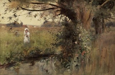 Samler blomster ved strømmen av Hector Caffieri