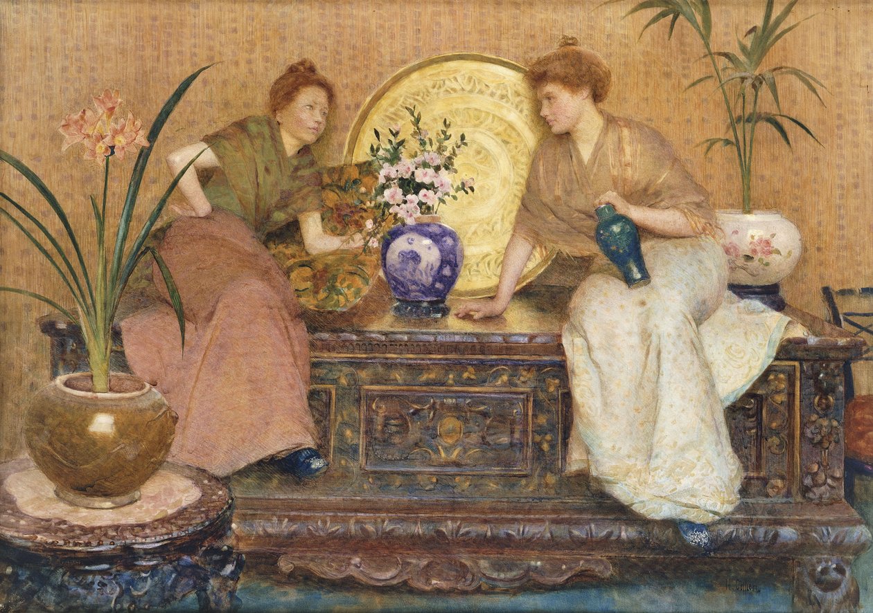 To damer som sitter på en kiste ved et Kairo-varebrett og en vase med blomster, av Hector Caffieri