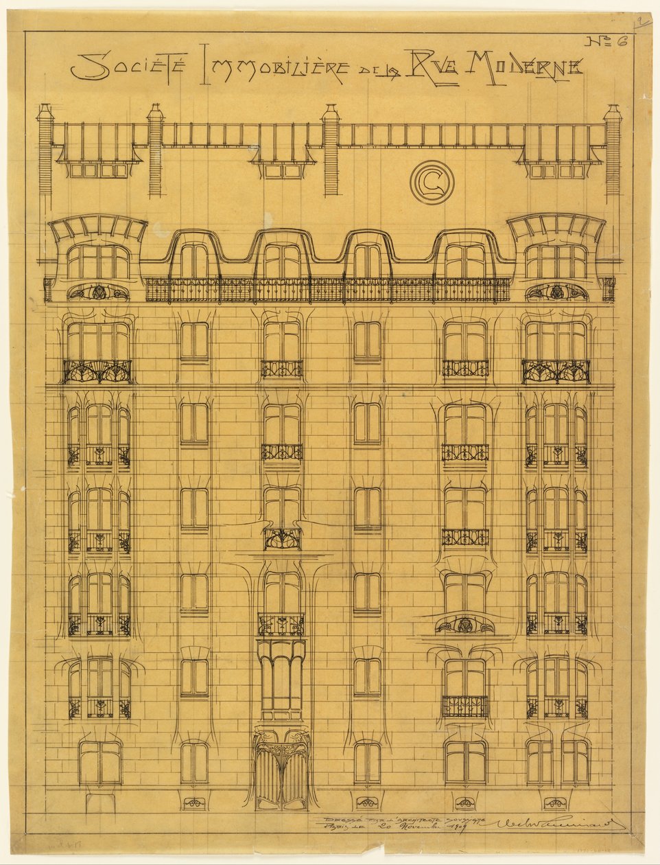 Design for fasaden til Societé Immobilière de la Rue Modern, nr.6 av Hector Guimard