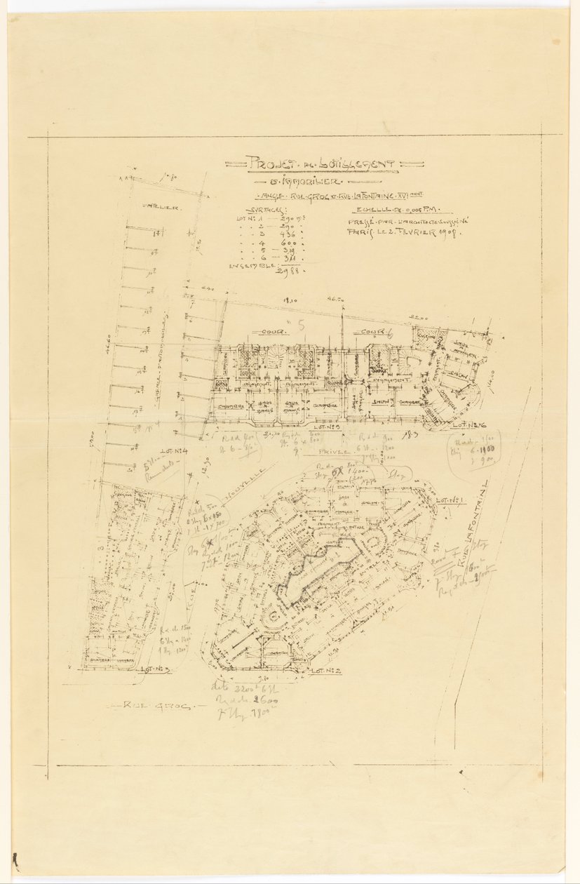 Plan, Project de Lotnement, rue Gros og rue de la Fontaine, Paris av Hector Guimard