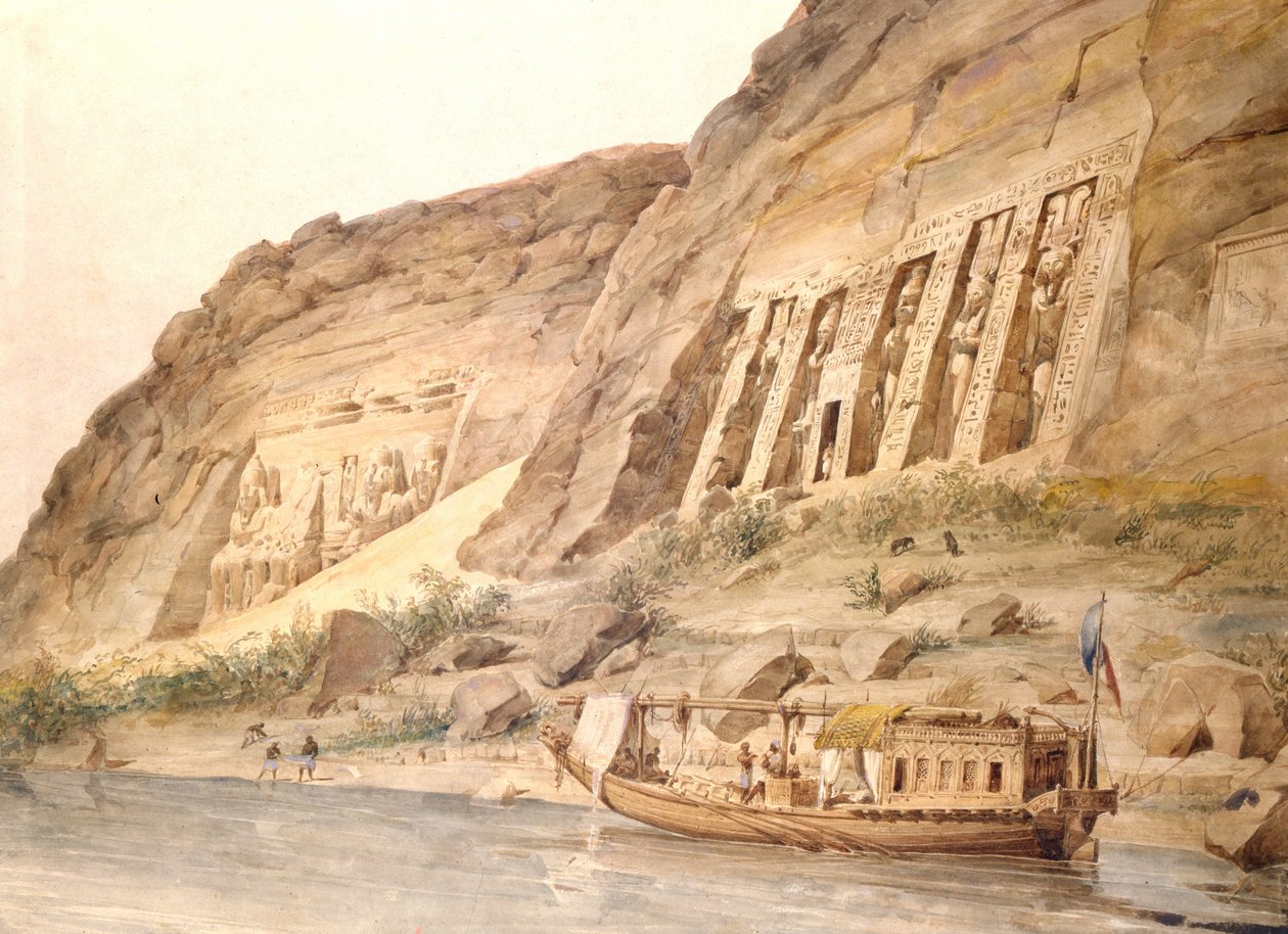 Abu Simbel sett fra Nilen. Akvarell av Hector Horeau (1801–1872), fransk arkitekt. Nærmest er Hathor-tempelet. Lenger borte er statuer av Ramses II (regjert ca. 1304–ca. 1273 f.Kr.) utenfor hovedtempelet. Arkeologi Egyptisk husbåt av Hector Horeau
