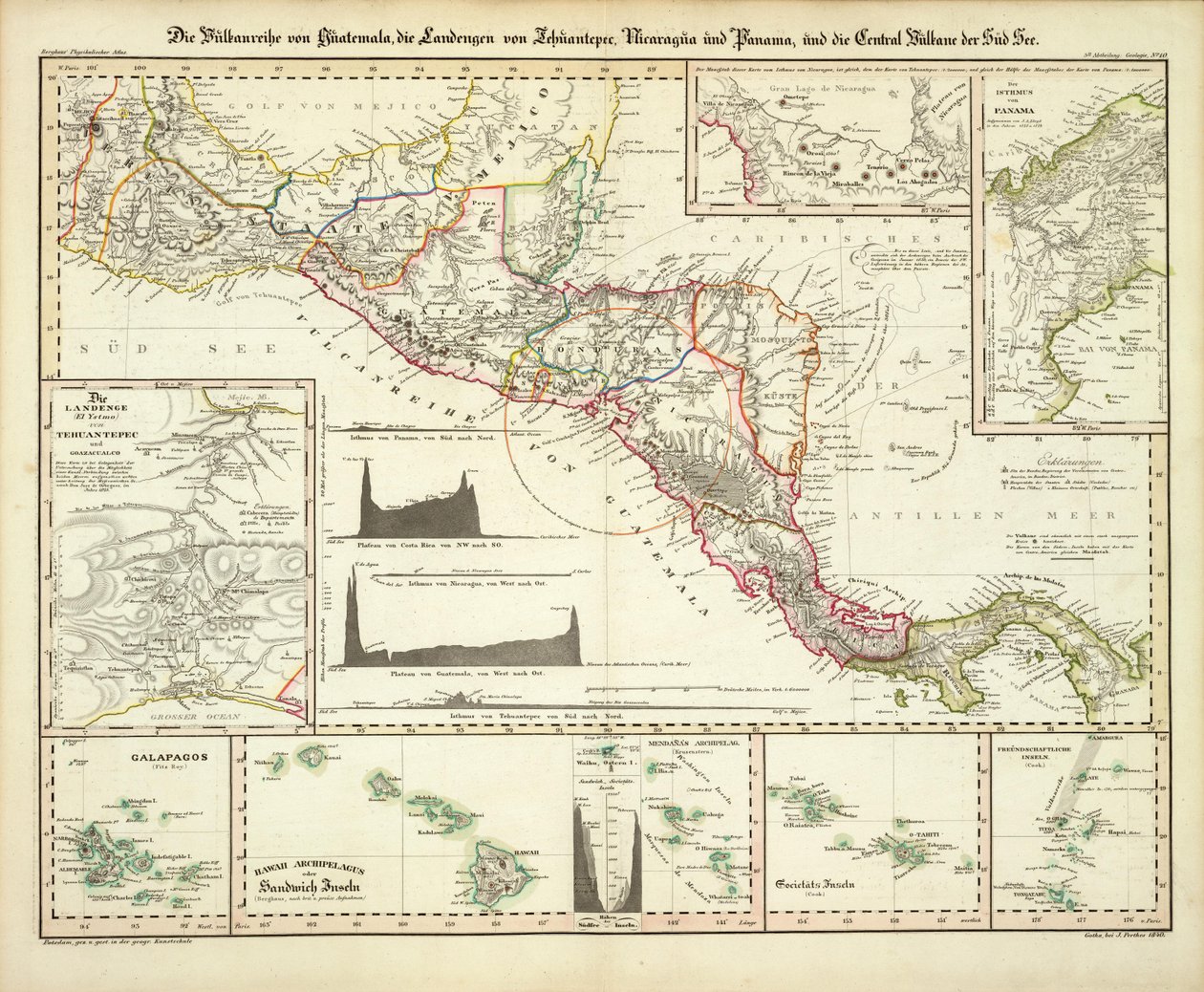 Kart over Mellom -Amerika, Galapagos og Hawaii av Heinrich Berghaus