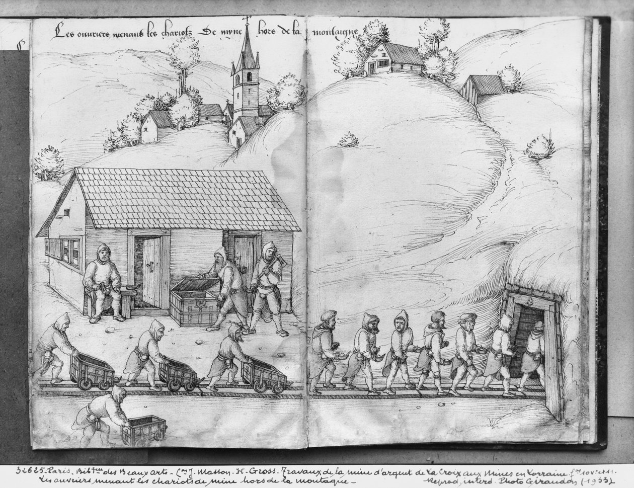 Sølvgruve i La Croix-aux-Mines, Lorraine, fol.10v og fol.11r, gruvearbeidere som skyver lastebiler, ca. 1530 (penn og blekk og wc på papir) av Heinrich Gross or Groff