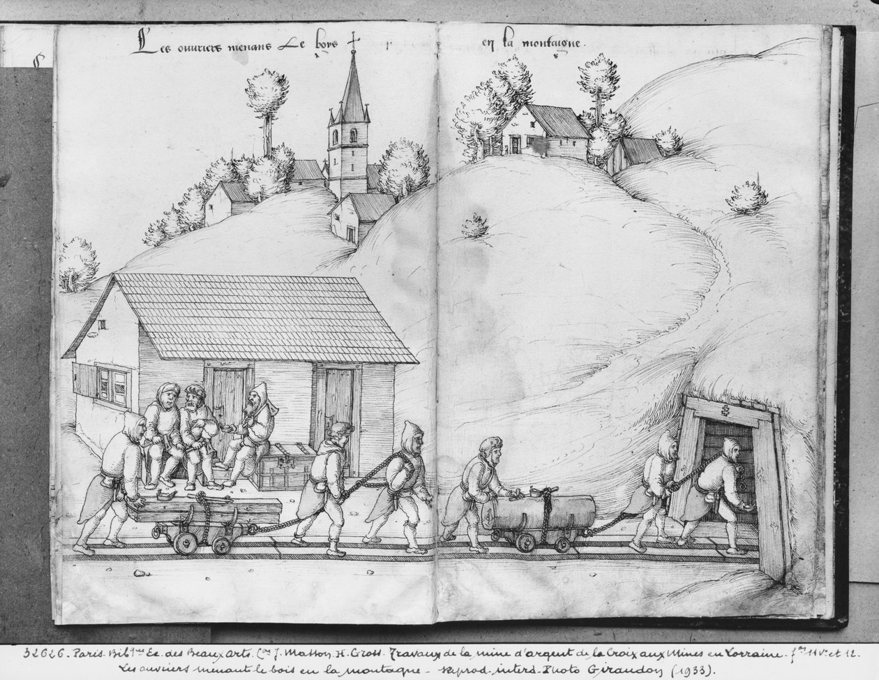 Sølvgruve i La Croix-aux-Mines, Lorraine, fol.11v og fol.12r, gruvearbeidere som bringer tre inn i gruven, ca. 1530 (penn og blekk og wc på papir) av Heinrich Gross or Groff
