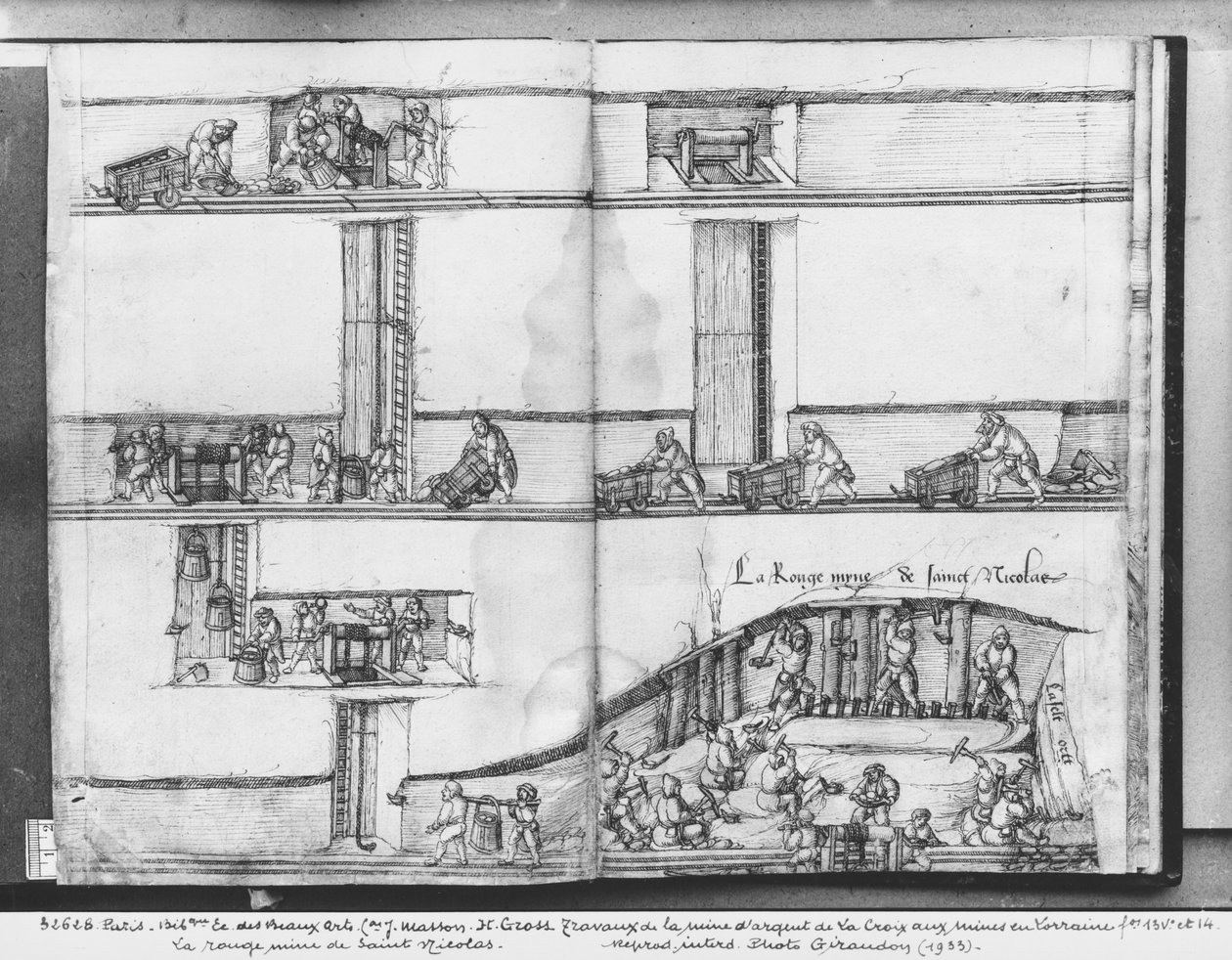 Sølvgruve i La Croix-aux-Mines, Lorraine, fol.13v og fol 14r, den røde gruven til St. Nicholas, ca. 1530 (penn og blekk og wc på papir) av Heinrich Gross or Groff