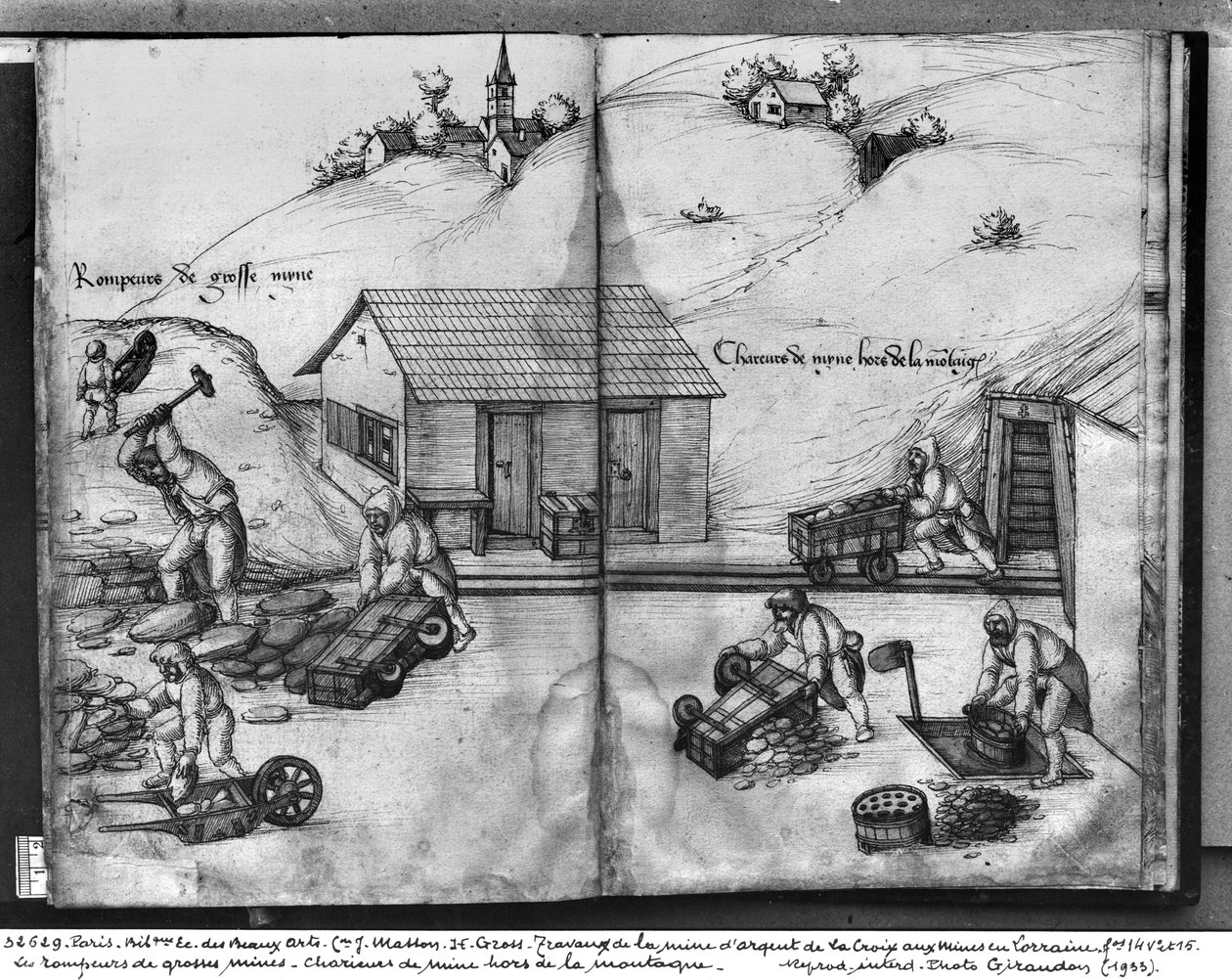 Sølvgruve i La Croix-aux-Mines, Lorraine, fol.14v og fol.15r, brudd og bæring av malmen, ca. 1530 (penn og blekk og wc på papir) av Heinrich Gross or Groff