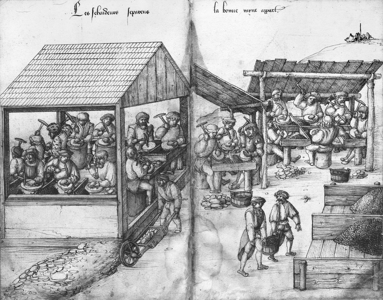 Sølvgruve i La Croix-aux-Mines, Lorraine, fol.15v og fol.16r, gruvearbeidere som sorterer malmen, ca. 1530 (penn og blekk og wc på papir) av Heinrich Gross or Groff