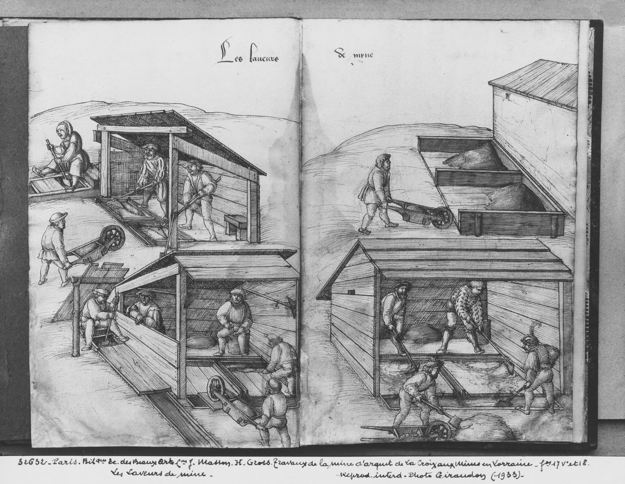 Sølvgruve av La Croix-aux-Mines, Lorraine, fol.17v og fol.18r, vasking av malmen, ca. 1530 (penn og blekk og wc på papir) av Heinrich Gross or Groff
