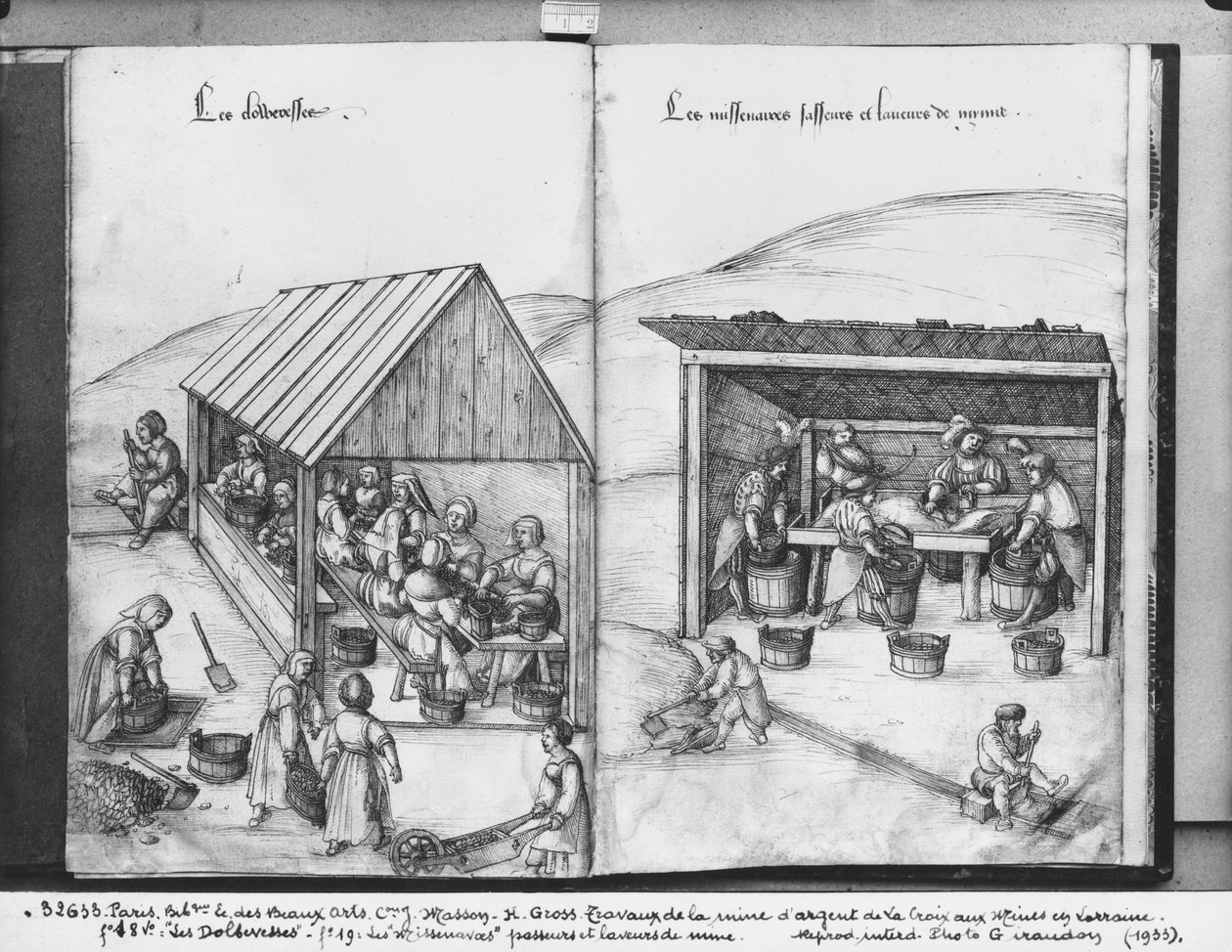 Sølvgruve av La Croix-aux-Mines, Lorraine, fol.18v og fol.19, sortering og vasking av malmen, ca. 1530 (penn og blekk og wc på papir) av Heinrich Gross or Groff