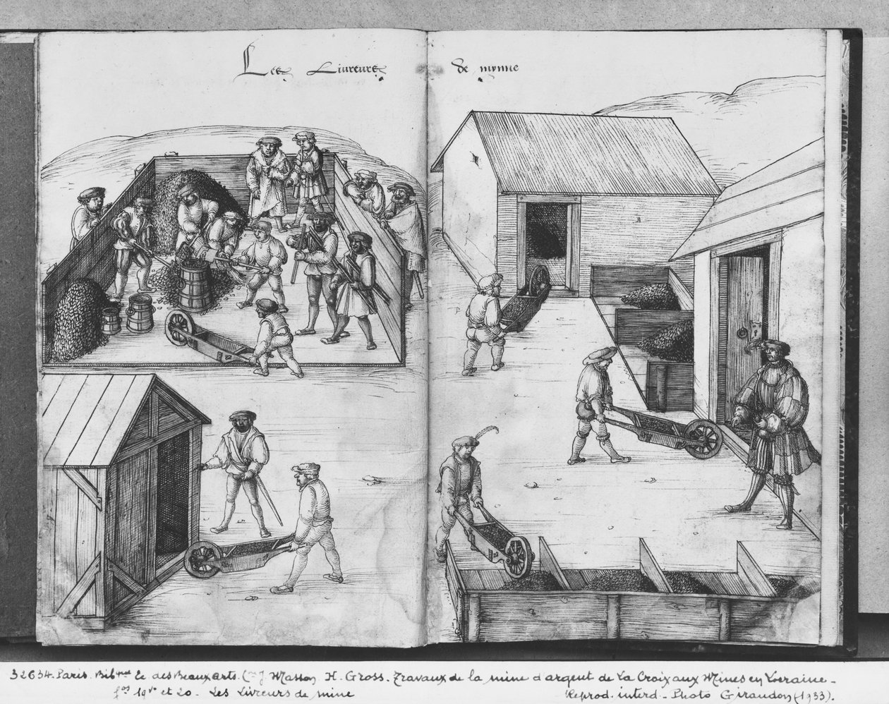 Sølvgruve fra La Croix-aux-Mines, Lorraine, fol.19v og fol.20r, leverer malmen, ca. 1530 (penn og blekk og wc på papir) av Heinrich Gross or Groff