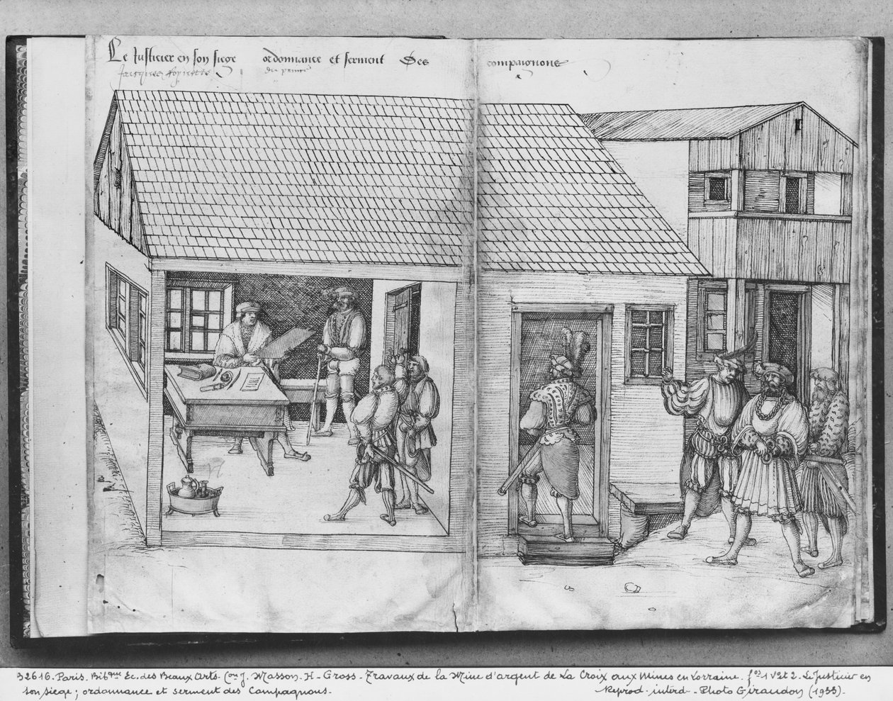 Sølvgruve av La Croix-aux-Mines, Lorraine, fol.1v og fol.2, gruvenes dommer, edikt og ed til ledsagerne, ca. 1530 (penn og blekk og wc på papir) av Heinrich Gross or Groff