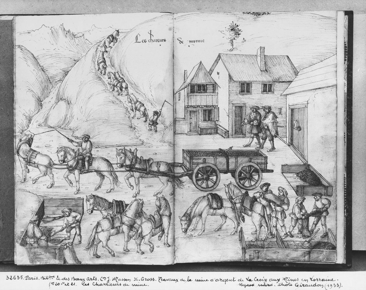 Sølvgruve i La Croix-aux-Mines, Lorraine, fol.20v og fol.21r, transport av malmen, ca. 1530 (penn og blekk og wc på papir) av Heinrich Gross or Groff