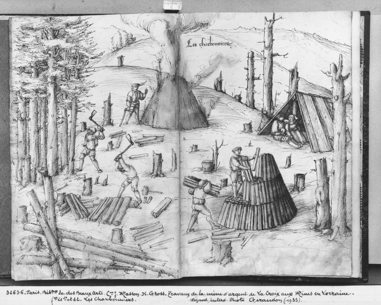 Sølvgruve av La Croix-aux-Mines, Lorraine, fol.21v og 22r, kullmenn, ca. 1530 (penn og blekk og wc på papir) av Heinrich Gross or Groff