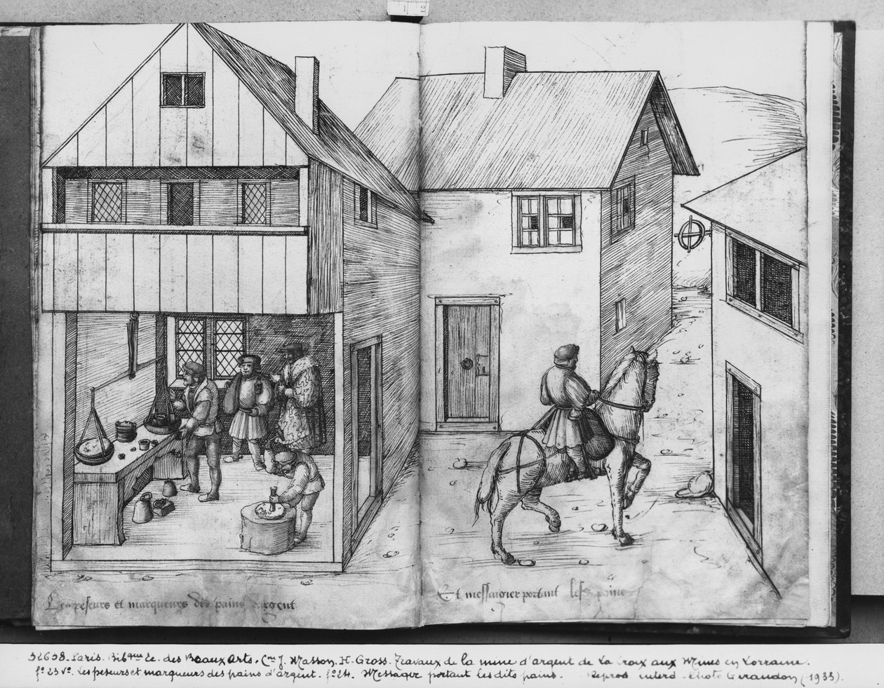 Sølvgruve fra La Croix-aux-Mines, Lorraine, fol.23v og fol.24r, veiing og stempling av sølvbarrene, en budbringer som bar barrene, ca. 1530 (penn og blekk og wc på papir) av Heinrich Gross or Groff