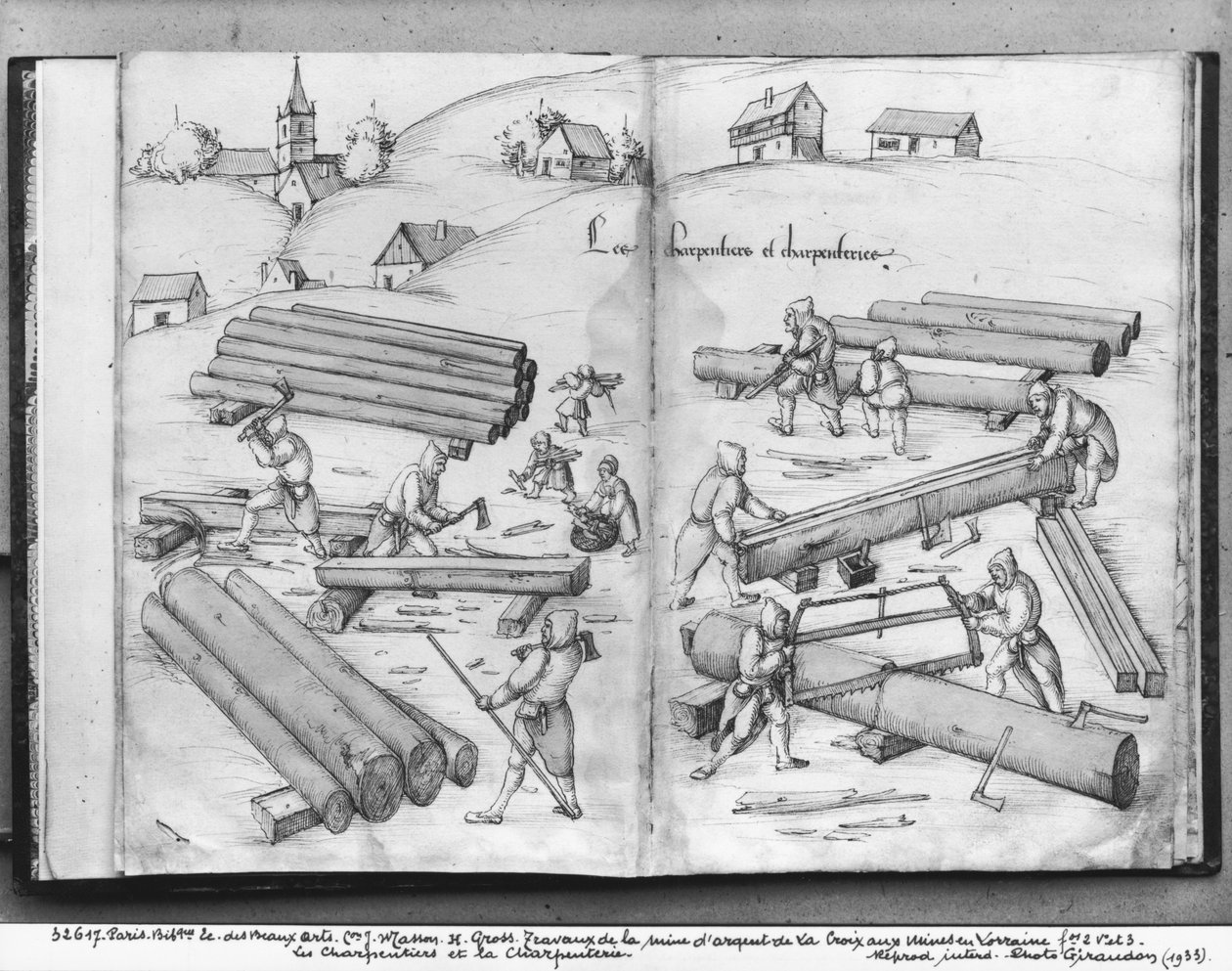 Sølvgruve av La Croix-aux-Mines, Lorraine, fol.2v og fol.3r, snekkere og snekker, ca. 1530 (penn og blekk og wc på papir) av Heinrich Gross or Groff