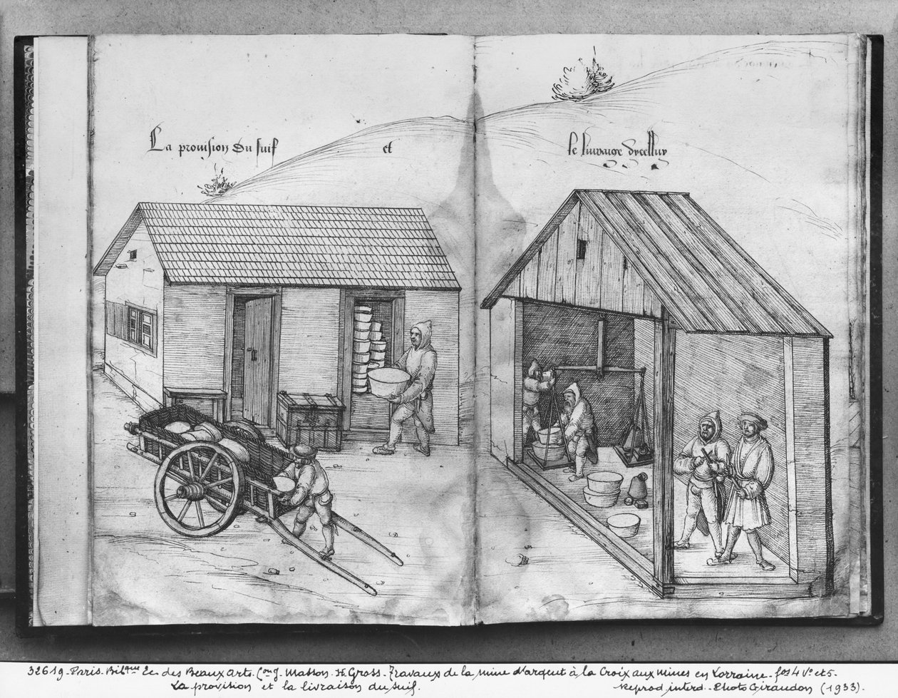 Sølvgruve fra La Croix-aux-Mines, Lorraine, fol.4v og fol.5r, leverer og leverer talg, ca. 1530 (penn og blekk og wc på papir) av Heinrich Gross or Groff