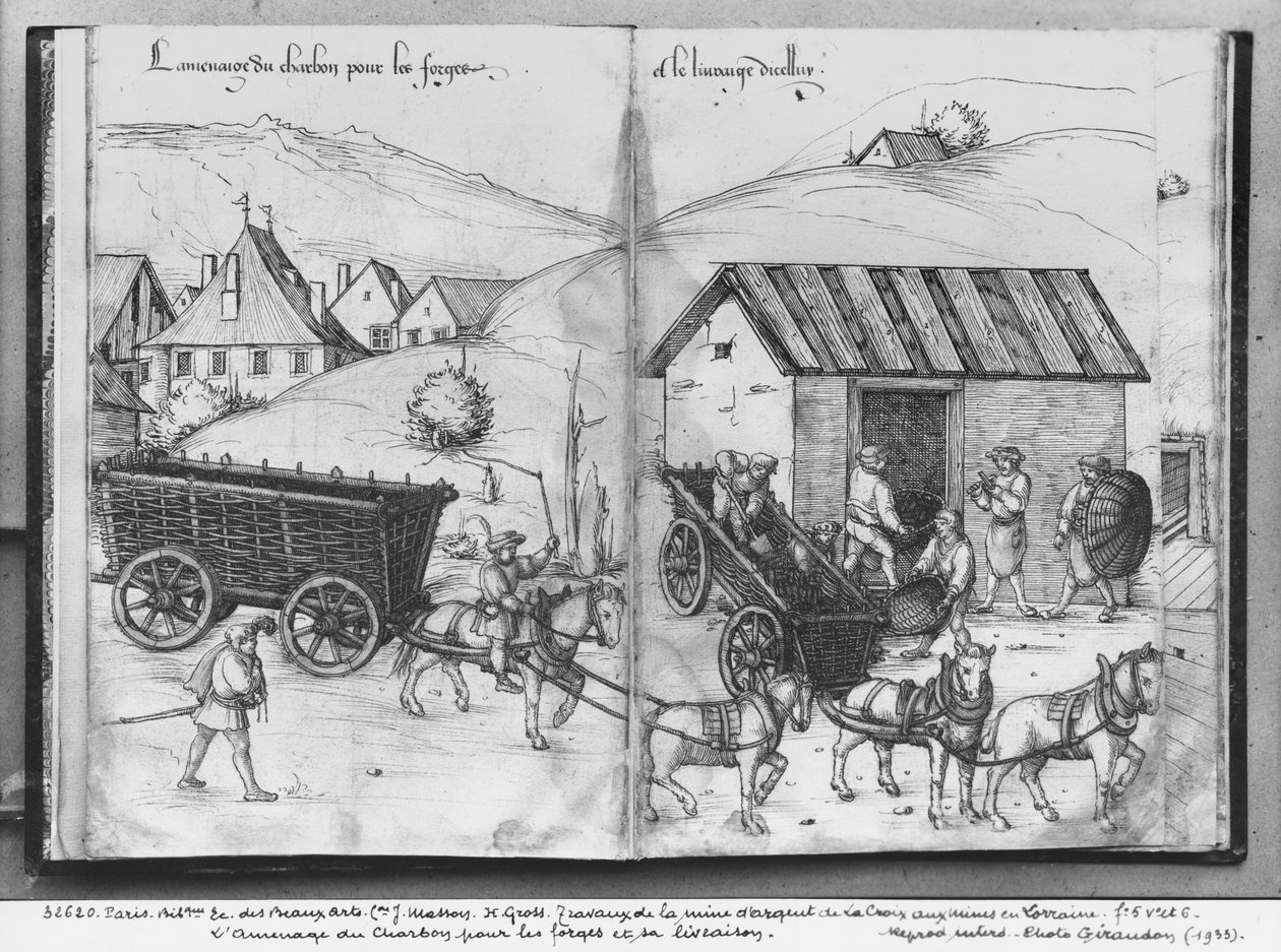 Sølvgruve i La Croix-aux-Mines, Lorraine, fol.5v og fol.6r, transport og levering av kull til smiene, ca. 1530 (penn og blekk og wc på papir) av Heinrich Gross or Groff