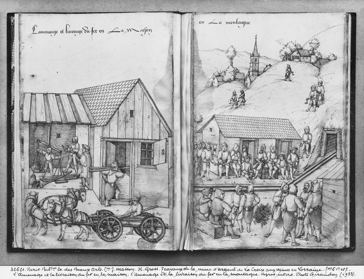 Sølvgruve i La Croix-aux-Mines, Lorraine, fol.6vand fol.7r, leverer og leverer jern, ca. 1530 (penn og blekk og wc på papir) av Heinrich Gross or Groff