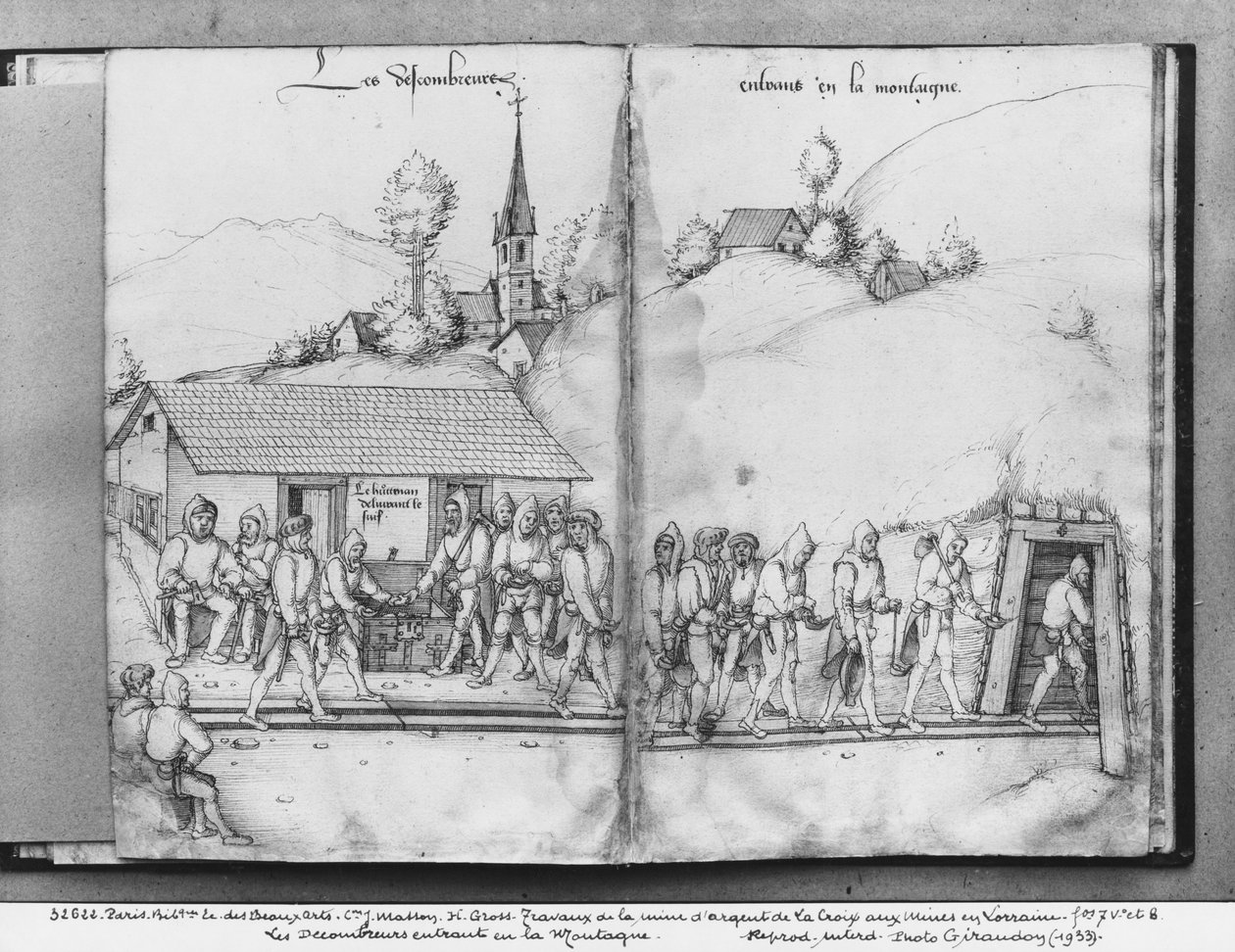 Sølvgruve i La Croix-aux-Mines, Lorraine, fol.7v og fol.8r, samlere på vei inn i gruven, ca. 1530 (penn og blekk og wc på papir) av Heinrich Gross or Groff