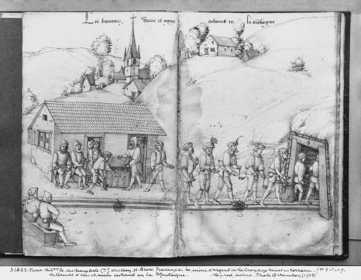 Sølvgruve i La Croix-aux-Mines, Lorraine, fol.8v og fol.9r, gruvearbeidere på vei inn i gruven, ca. 1530 (penn og blekk og wc på papir) av Heinrich Gross or Groff