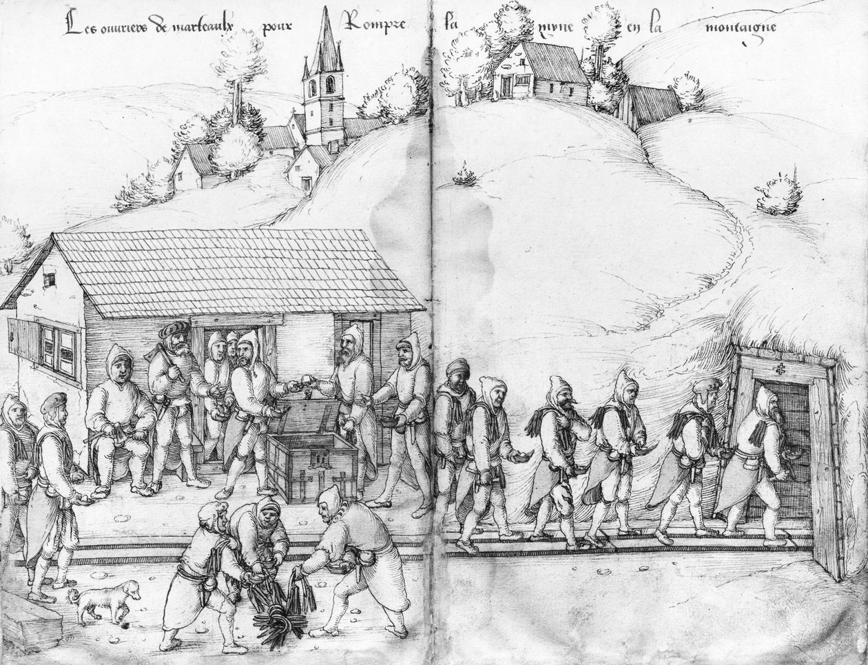 Sølvgruve i La Croix-aux-Mines, Lorraine, fol.9v og fol.10r, gruvearbeidere og deres hammere, ca. 1530 (penn og blekk og wc på papir) av Heinrich Gross or Groff