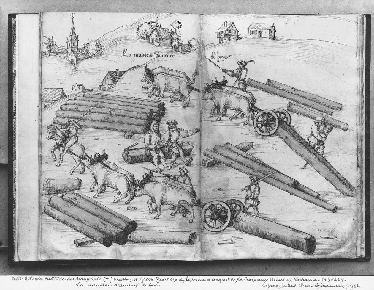 Sølvgruve i La Croix-aux-Mines, Lorraine, fol.3v og 4r, transport av tre, ca. 1530 (penn og blekk og wc på papir) av Heinrich Gross or Groff