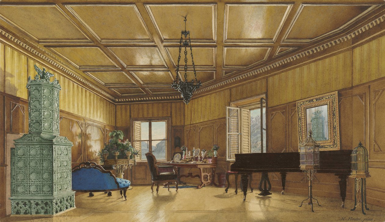 Musikkrommet til erkehertuginne Margarete, prinsesse av Sachsen, i Schloss Ambras, 1870-9 (akvarell og gouache på vevd papir) av Heinrich von Förster