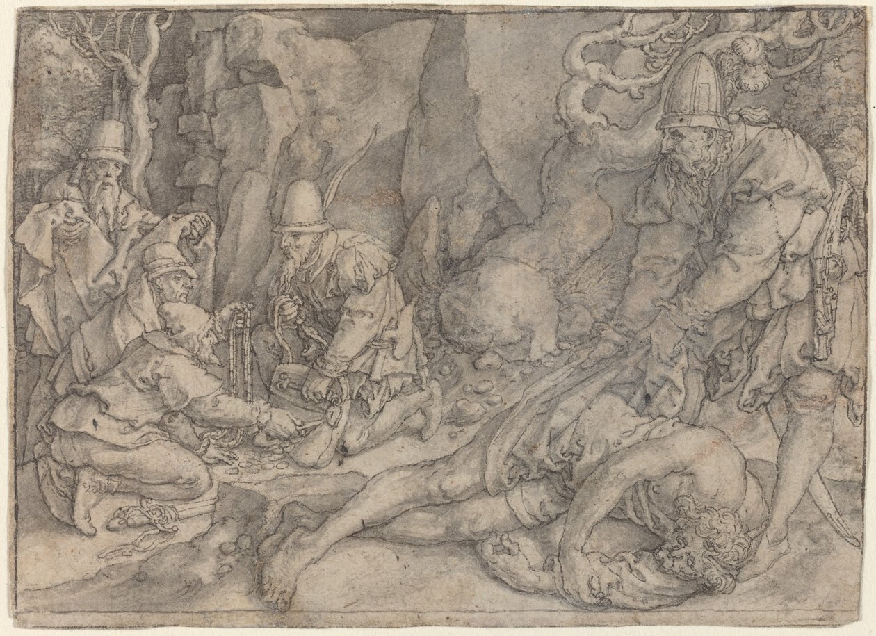 En mann overmannet av tyver, ca. 1554. av Heinrich Aldegrever