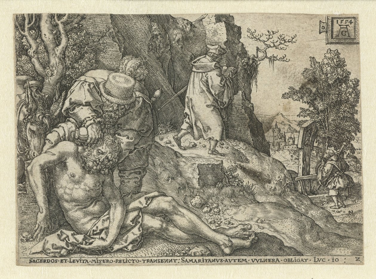 Den barmhjertige samaritan pleier sårene. Lignelse om den barmhjertige samaritan (serietittel) av Heinrich Aldegrever