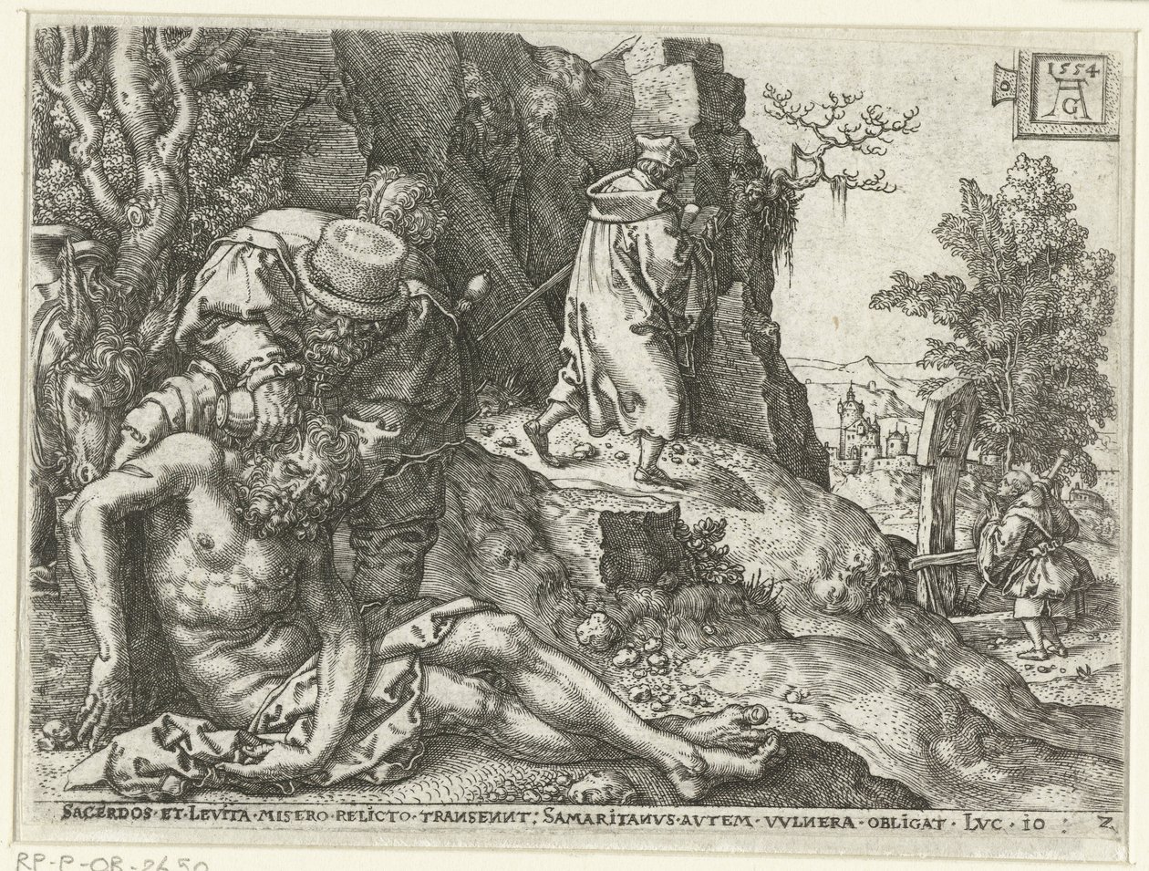 Barmhjertige samaritan tar seg av sårene Lignelse om den barmhjertige samaritan (serietittel) av Heinrich Aldegrever