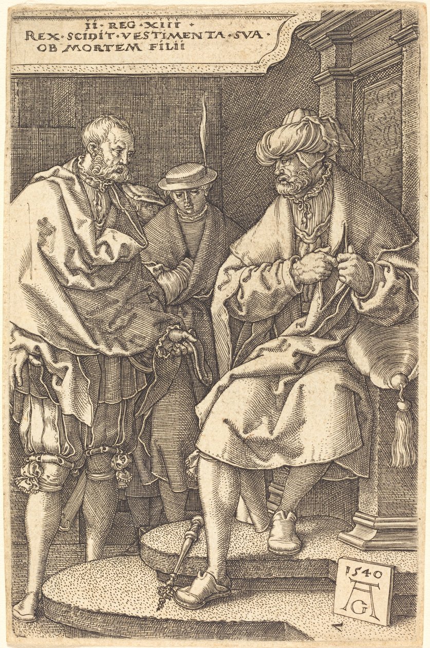 David kaster av seg kappene ved nyheten om sønnens død, 1540. av Heinrich Aldegrever