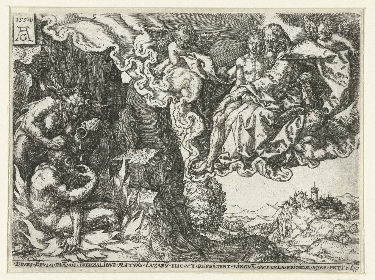 Den rike mannen i helvete ser Abraham med Lasarus Lignelse om Lasarus og den rike mannen (serietittel) av Heinrich Aldegrever