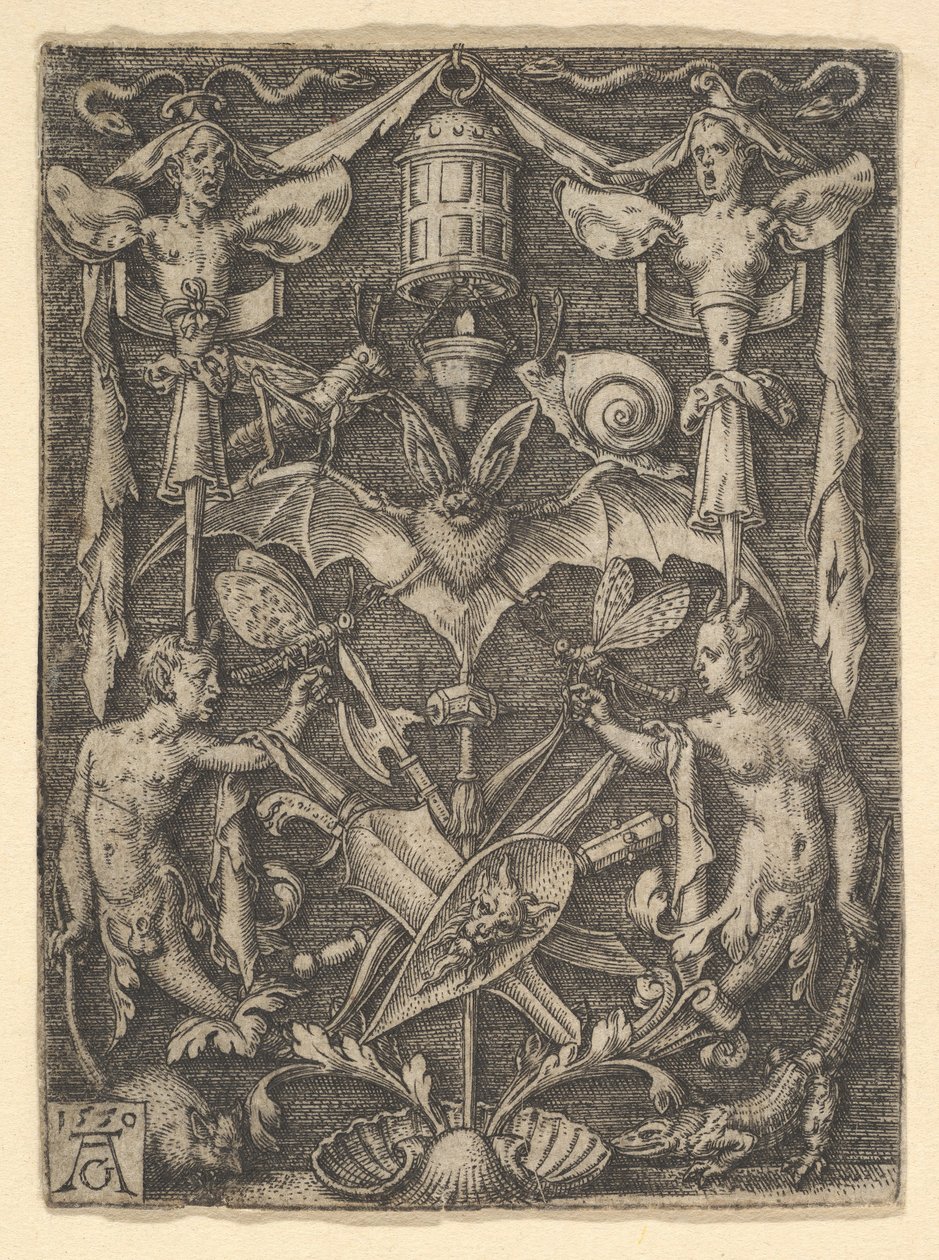 Design for en kandelaber-grotesk med en flaggermus i sentrum, 1550. av Heinrich Aldegrever