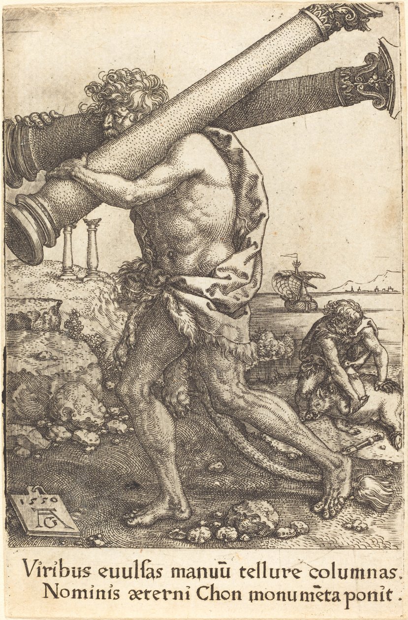 Hercules bærer de to søylene i Gaza, 1550. av Heinrich Aldegrever