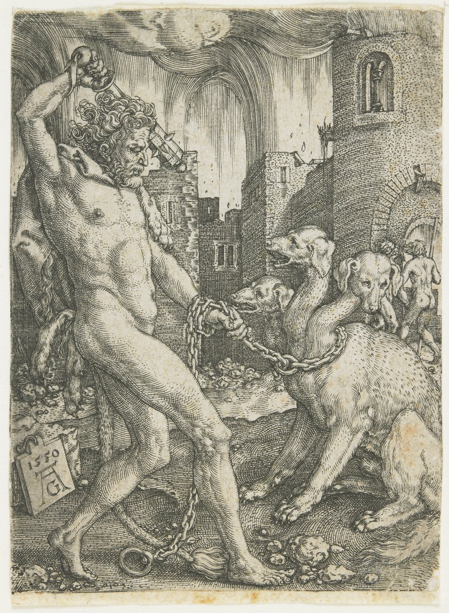 Hercules Chains Cerberus, 1550 av Heinrich Aldegrever