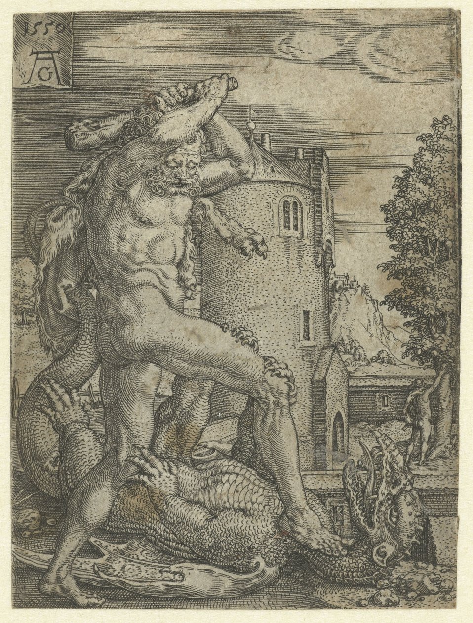 Hercules dreper dragen Ladon Labours of Hercules (serietittel) av Heinrich Aldegrever