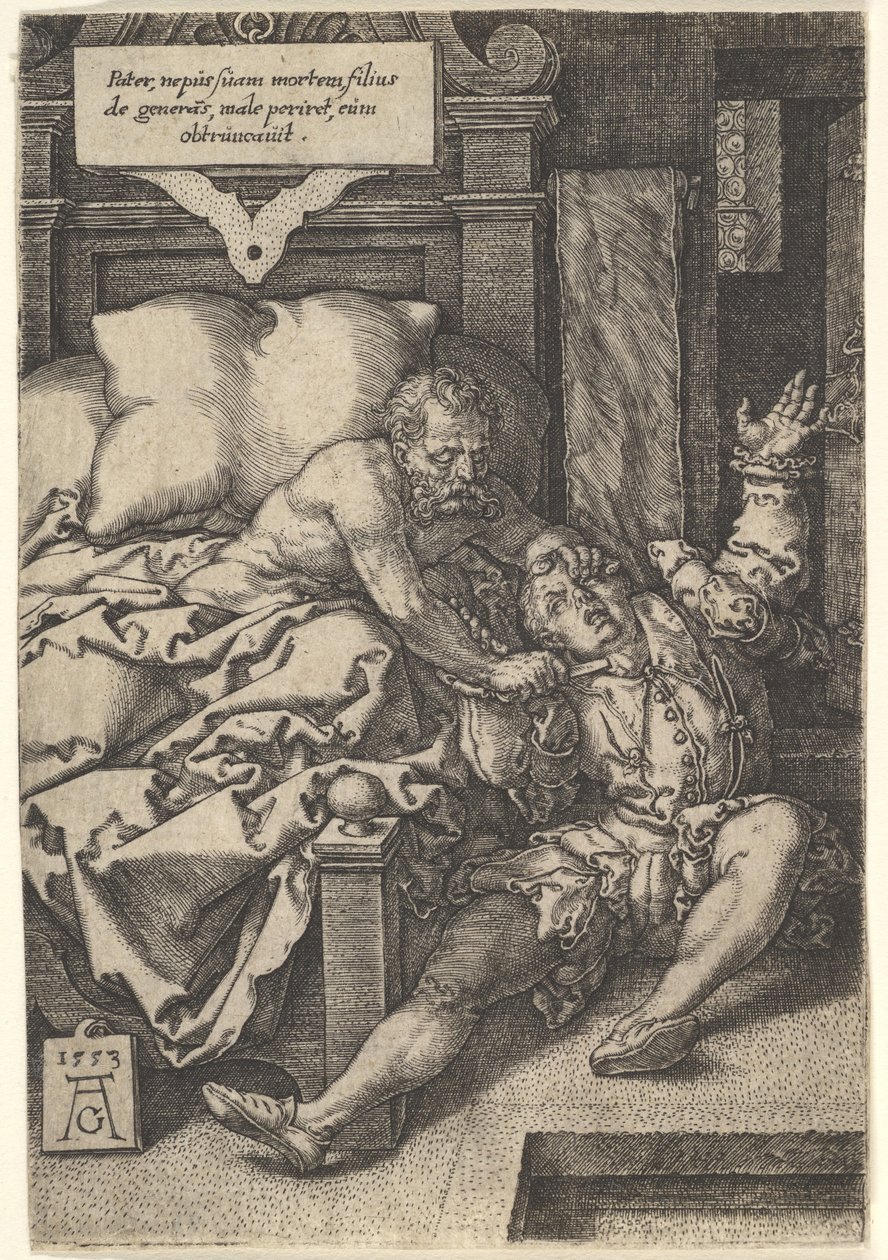 Dommer Herkinbald Cutting the Throat of his Nephew, 1553. av Heinrich Aldegrever