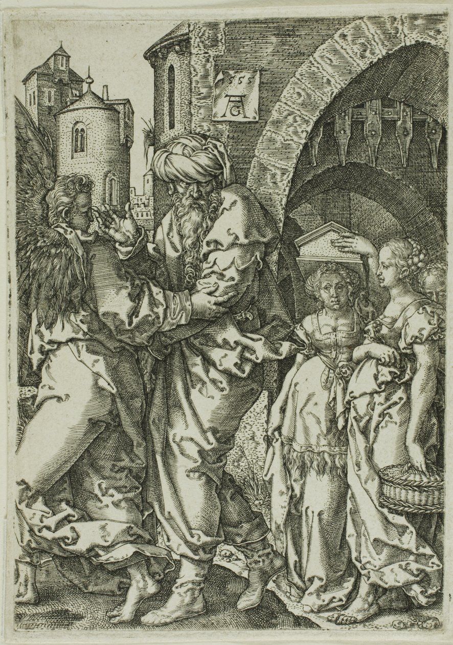 Lot og hans familie på flukt fra Sodoma, fra historien om Lot av Heinrich Aldegrever