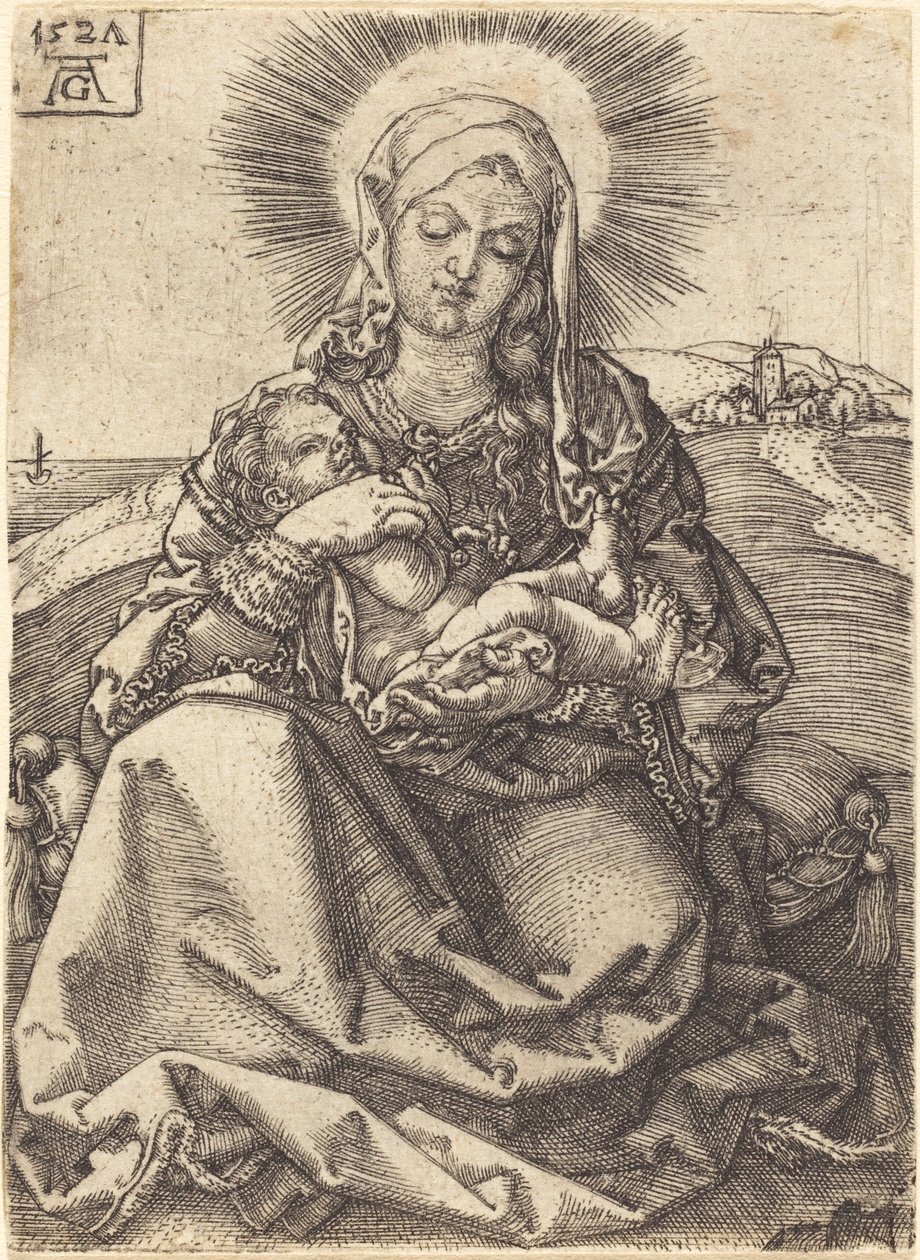 Madonna i et landskap sittende på en pute av Heinrich Aldegrever