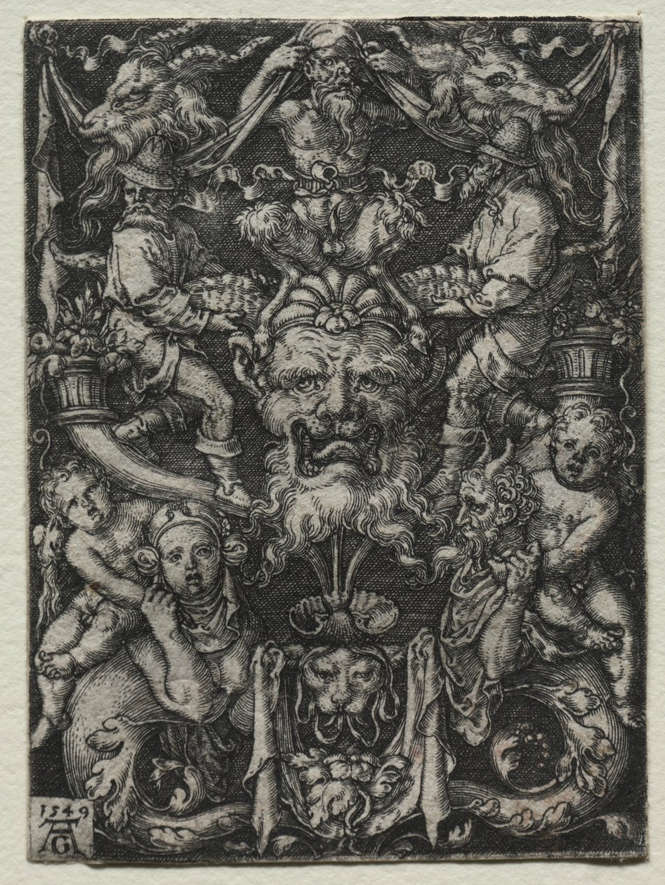Ornamentdesign med maske, et par tritoner og to barn under, 1549. av Heinrich Aldegrever
